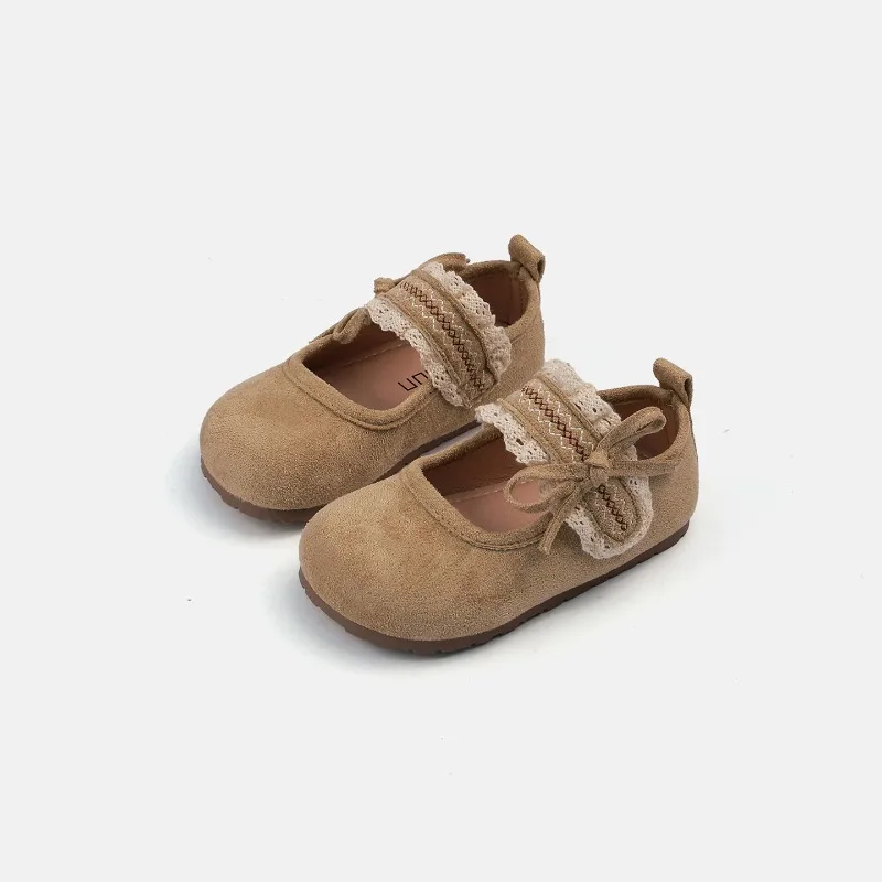 Kids Girls Suede Mary Jane Shoes Lace Bow Decor Toddlers Causal Flat Shoes Retro Princess Round-toe Soft Children Leather Shoes