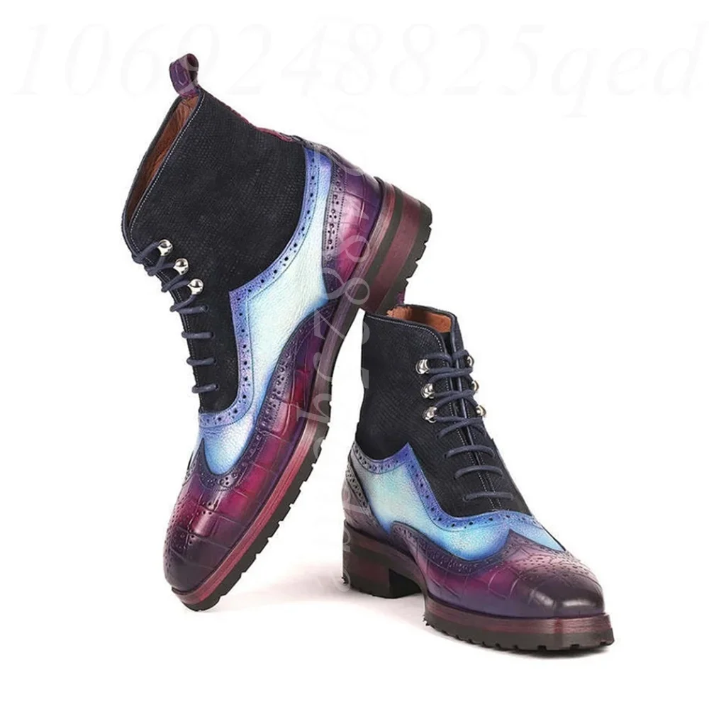 Men's Crocodile-Embossed Gradient Blue Purple Brogue Ankle Boots, Lace-Up Wingtip Boots Multi-Texture Hand-Rubbed Finish Shoes