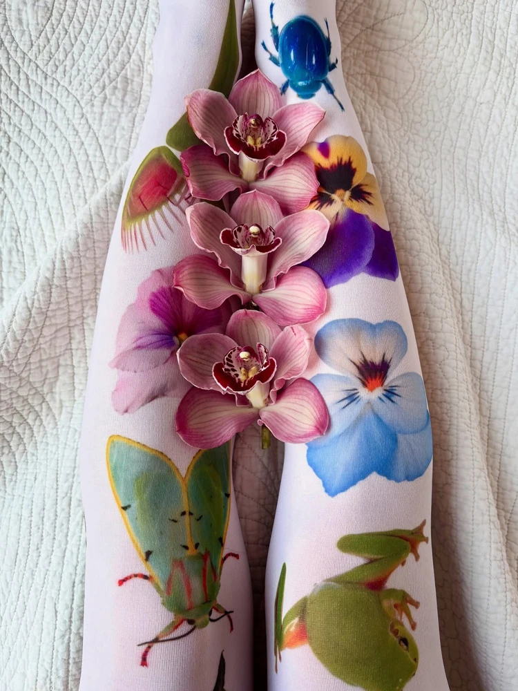 New Fashion Cartoon Printed Y2K Style JK Socks Flower Pattern Pantyhose Retro 2000s Slimming Winter Warmth Artifact Emo Girl