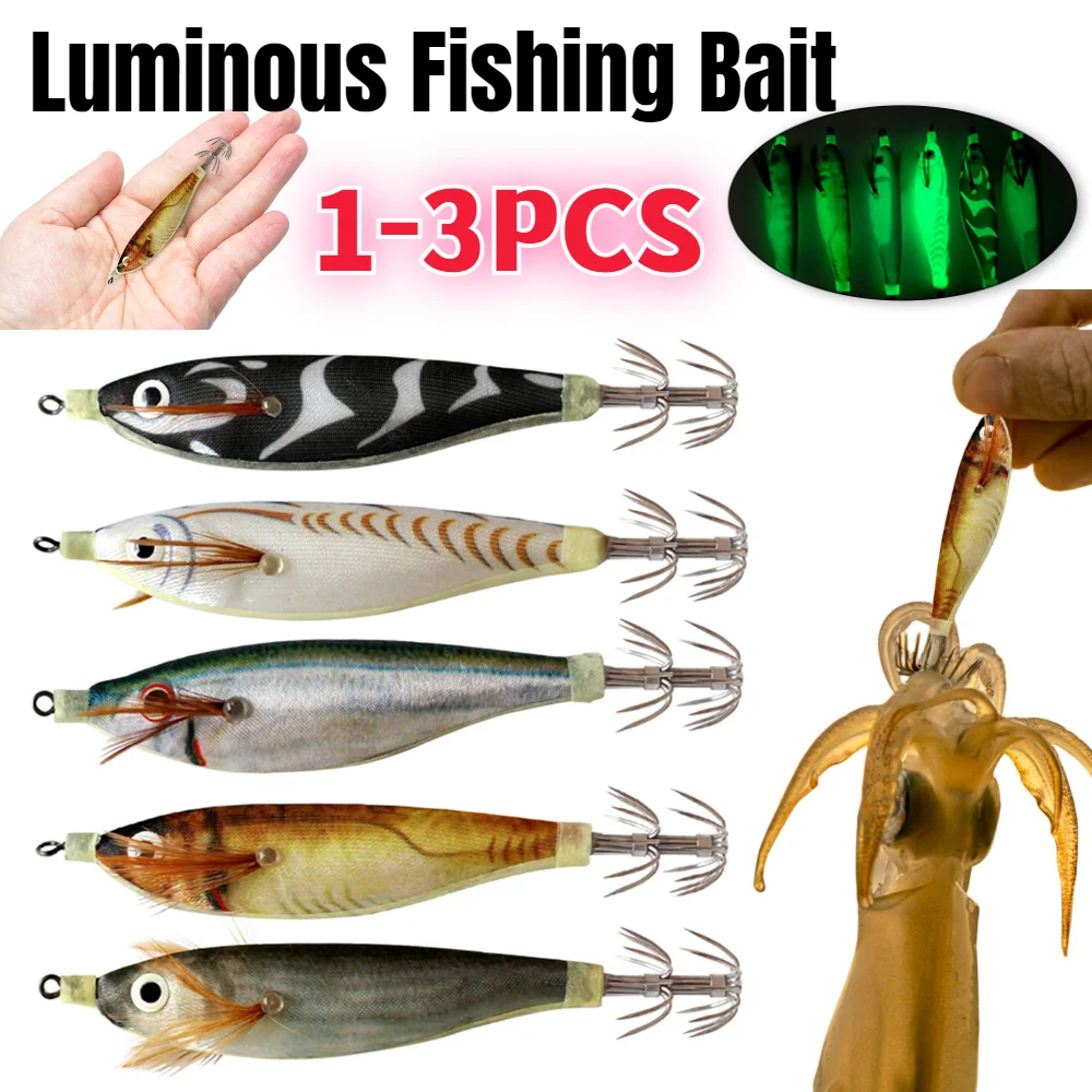 Squid Jig Bait Luminous Fishing Bait Wood Shrimp Fishing Tackle Simulation Squid Hook Fluorescent Fishing Lures Hard Bait Tackle