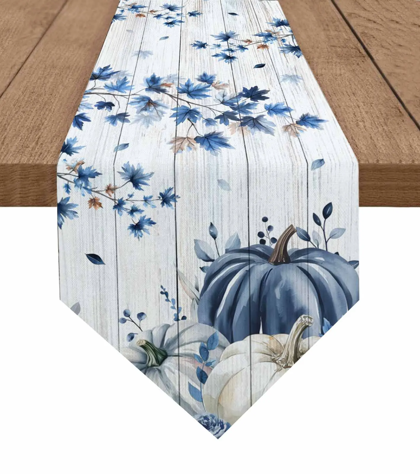 

Maple Leaf Branch Blue Fall Pumpkins Table Runner Cover Cotton Linen Wedding Table Decor Tablecloth Kitchen Decor