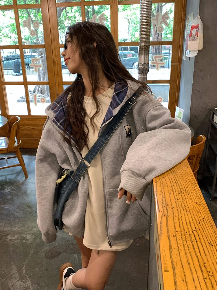 

Casual Plaid Splice Hoodie Women's Loose Fit Long Sve Slimming Winter Outerwear Coat Korean Sle Comfortable Breathable