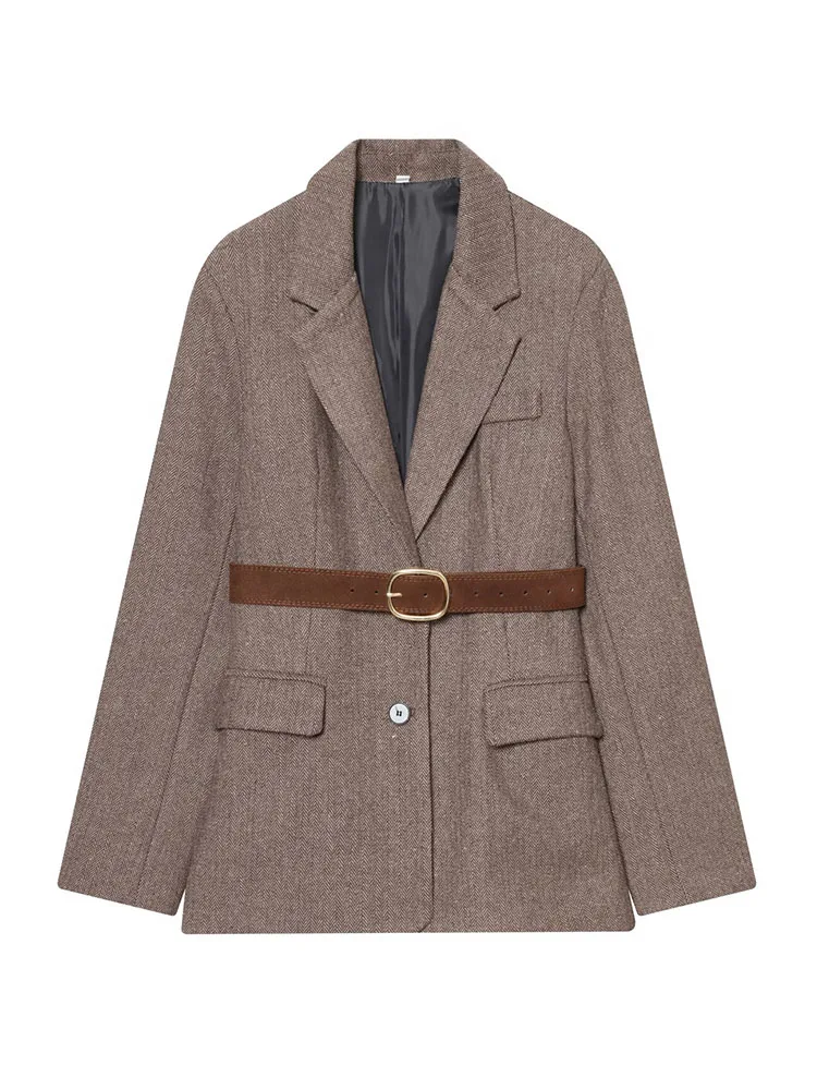 HH Woman Autumn Single Breasted Pocket Decoration Long Sleeves Lapel Herringbone Twill Blazer Female Fashion Casual Overcoat