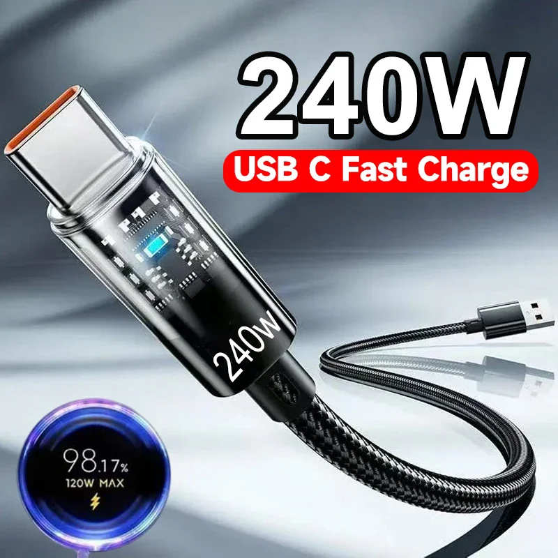240W Quick Charging Type-C Cable Nylon Braided High-speed Charge Wire For iphone Samsung Huawei Durable Data Cord With LED Light
