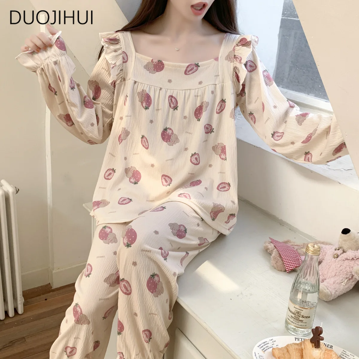 DUOJIHUI Spring Two Piece Chicly Printed Female Pajamas Set New Fashion Pullover Simple Pant Sweet Casual Home Pajamas for Women