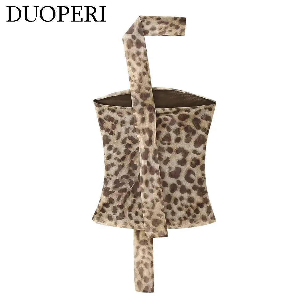 DUOPERI Women Fashion Tulle Leopard Pleated Tank Camisole t Female Chic Lady Casual Sexy Tops