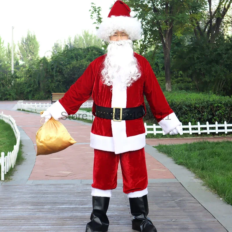 Costume d'Halloween et de Noël pour Homme, Père Noël Jouant, Barbe Blanche Imbibée, Chapeau, Perruque, Ceinture, Bottes en Cuir pour Adulte