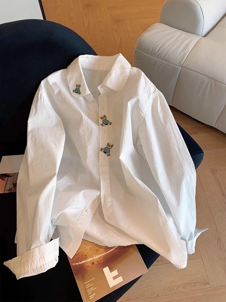 

Japanese Sle Cartoon Bear Ne Long Sve irt Women's Spring Autumn Loose Versatile Simple Design Warm Casual irt