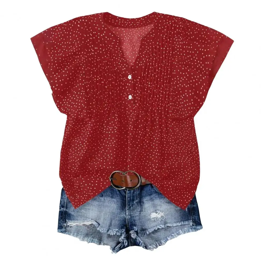 

Women Shirt Stylish V-neck Ruffle Shirt for Women Short Sleeve Dot Print Top Loose Fit Blouse for Work Office Vacation
