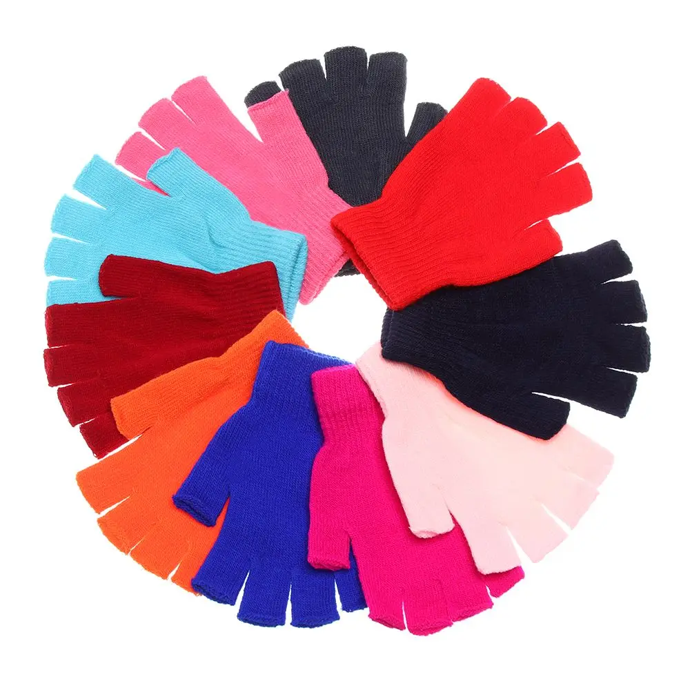 Women Men Keep Finger Warm Candy Color Short Thick Warm Knitted Gloves Half Finger Mittens