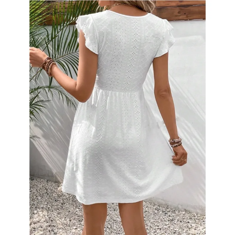 Mini robe à œillets en dentelle blanche pour femmes, manches à volants, col en v, taille ajourée, style Boho, robe de plage, de soirée, été