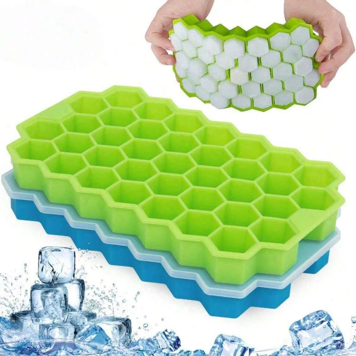 Silicone Honeycomb Ice Tray with Lid, Creative Stackable 37-Compartment Ice Box, Easy-To-Remove Ice Tray Ice Cube Mold