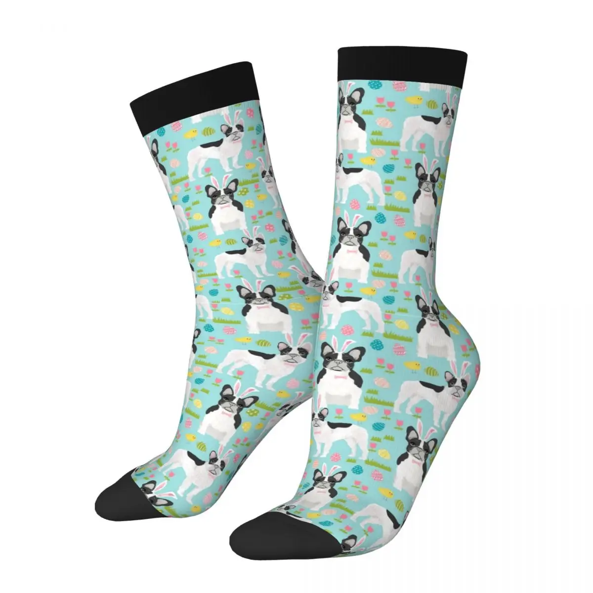 Casual French Bulldog Easter Spring Dog Sports Socks Polyester Long Socks for Women Men Sweat Absorbing