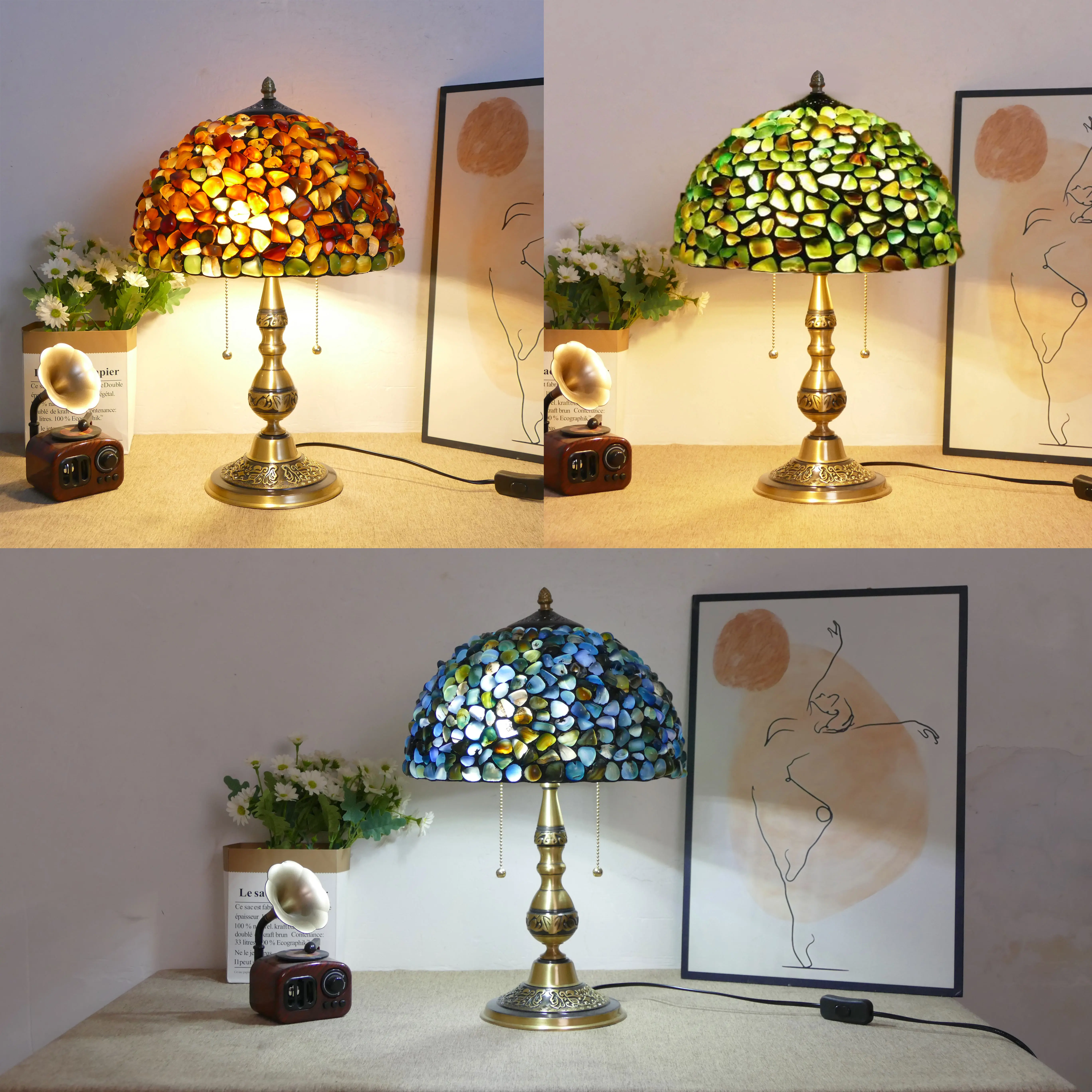 All Copper Base Colored Stone Particles 12 Inch Wide Lampshade Living Room Study Bedroom Bedhead Decorative  Desk Lamp