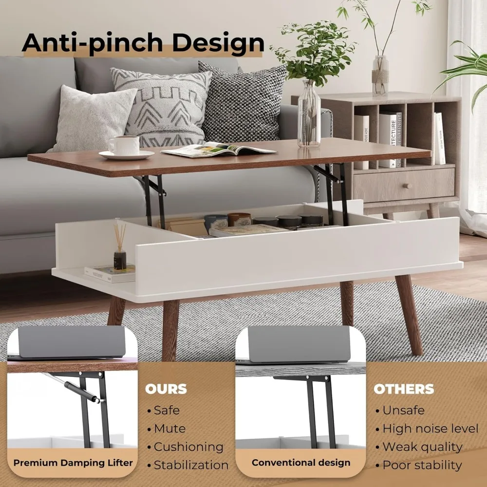 Rising Coffee Table with Quick Lift Top and Large Hidden Storage