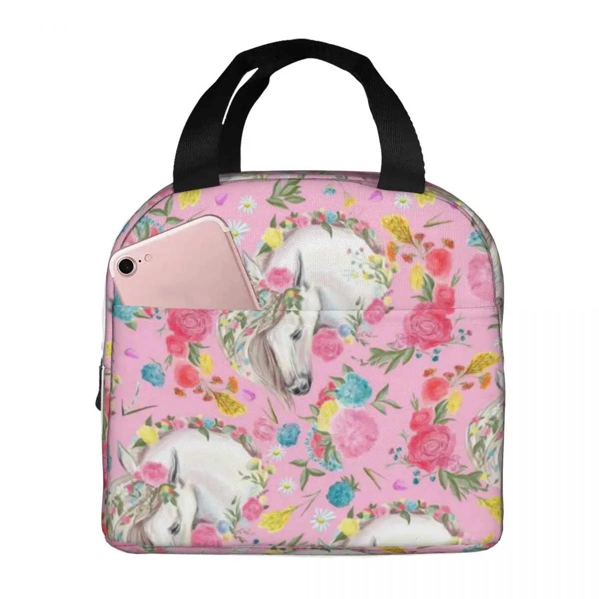 H-Horses-Floral Portable Lunch Bag Food Thermal Box Durable Cooler Lunchbox with Shoulder Strap Picnic Bag Office