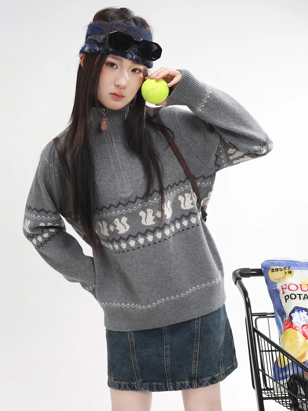 girls'-loose-rabbit-embroidery-half-zip-knitted-sweater-autumn-fashionable-vintage-children's-clothing-soft-comfortable-warm