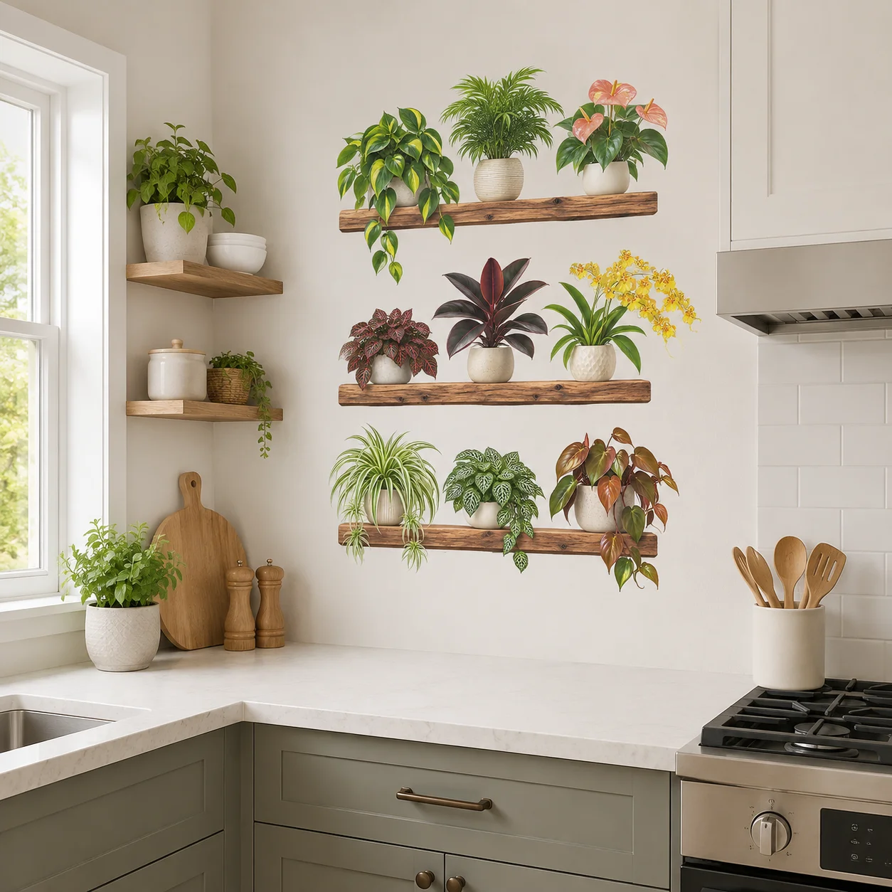 Vinilos decorativos para pared con motivos botánicos, plantas verdes en macetas, hojas, adhesivos para estanterías de madera, para la cocina, el salón, decoración de naturaleza para el hogar.