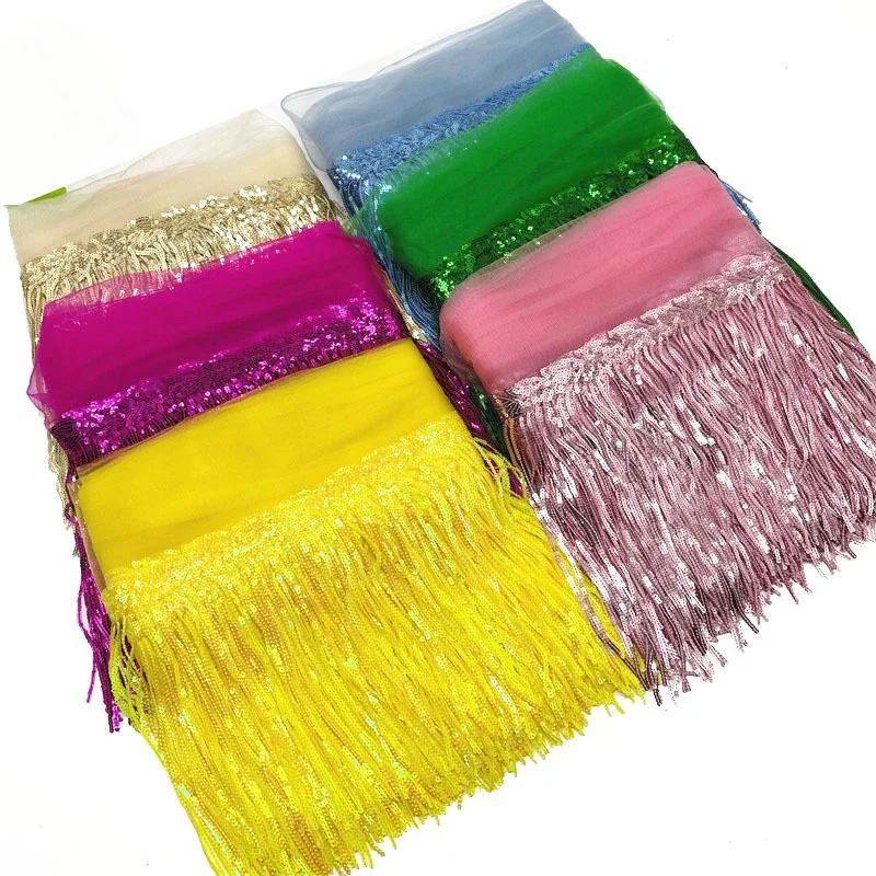 20cm width Sequin Soft Mesh Tassels Lace Wedding Diy Dance Garment Accessories Lace TRIM Ribbon For Sewing Supplies Craft