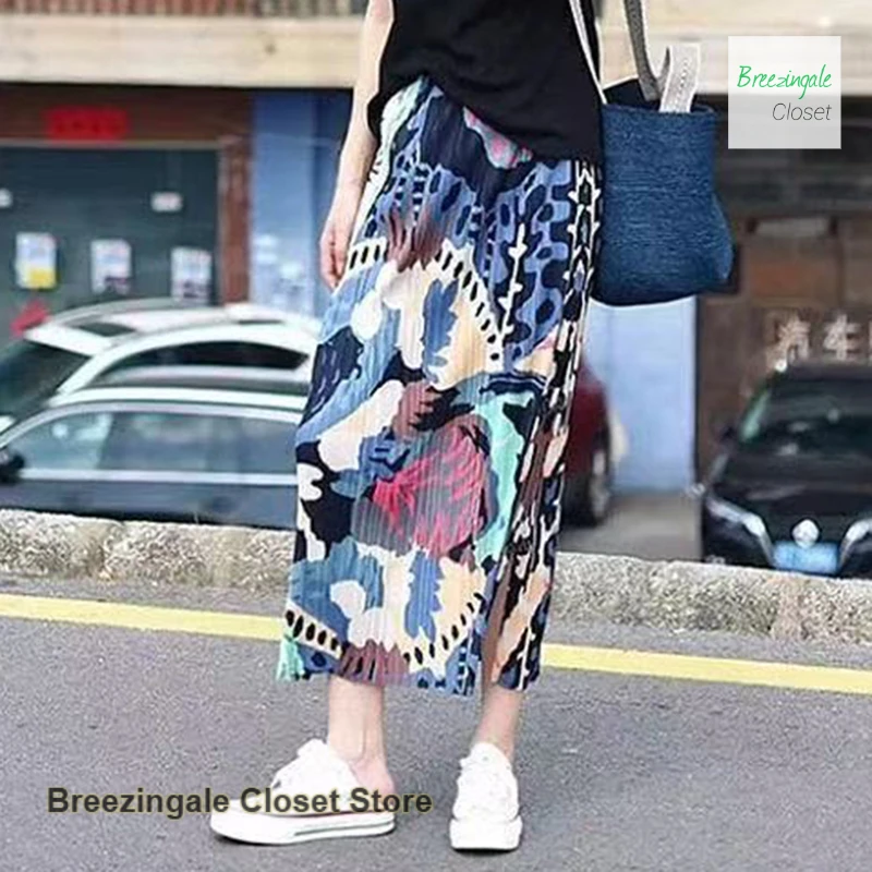 

Japanese Miyake pleated high waist new summer skirt women's spring and autumn high-grade printing slim pleated skirt split skirt