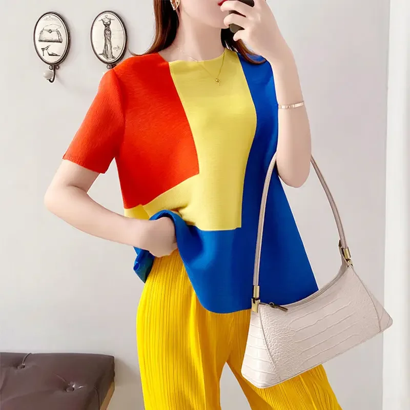 

Плиссированный топ, новинка 2025, летняя повседневная футболка с коротким рукавом, женская футболка большого размера, корейские рубашки для женщин