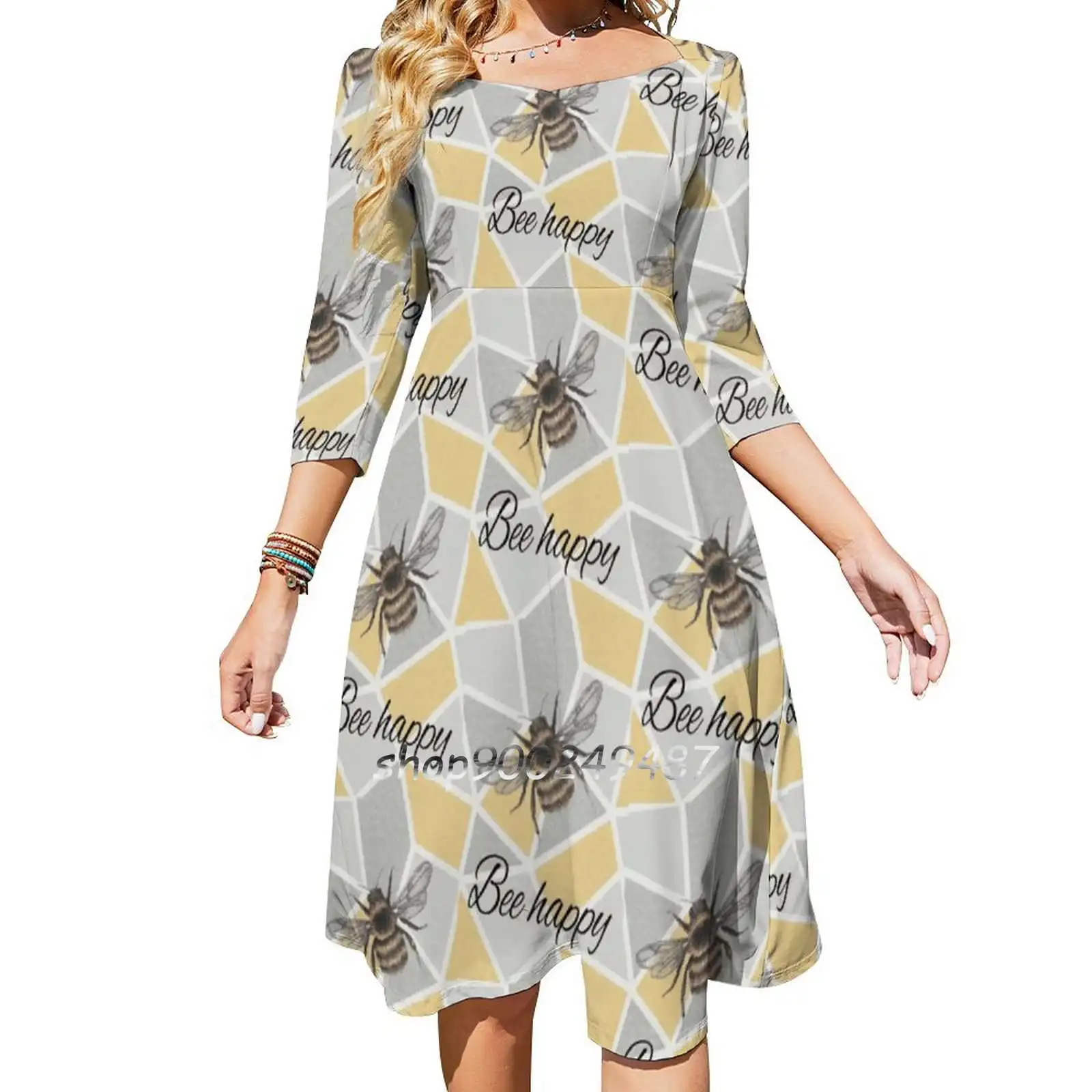 Bumble Bee Typography Geometric Bee Happy Square Neck Dress New Plus Size Elegant Women Waist Tight Dress Bumble Bee Queen Bee