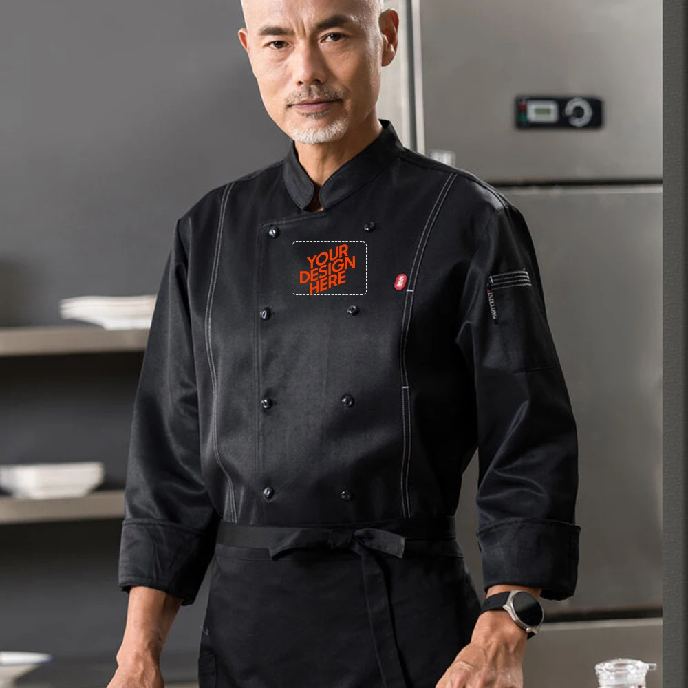 Customize Diy Logo Chef Uniform Long Sleeve Warm Chef Jacket With Front Pockets Oblique Collar Suits For Men Catering For Coffee
