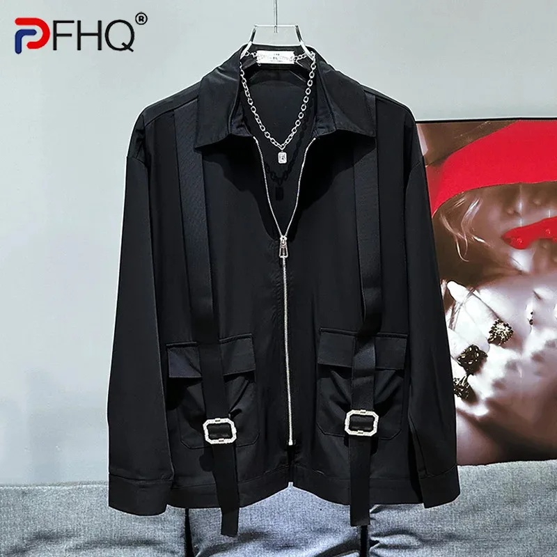 

PFHQ Casual Niche Spliced Shoulder Strap Decoration Design Shirt New Loose Metal Zipper 2024 Solid Color Male Tops 21Z5566