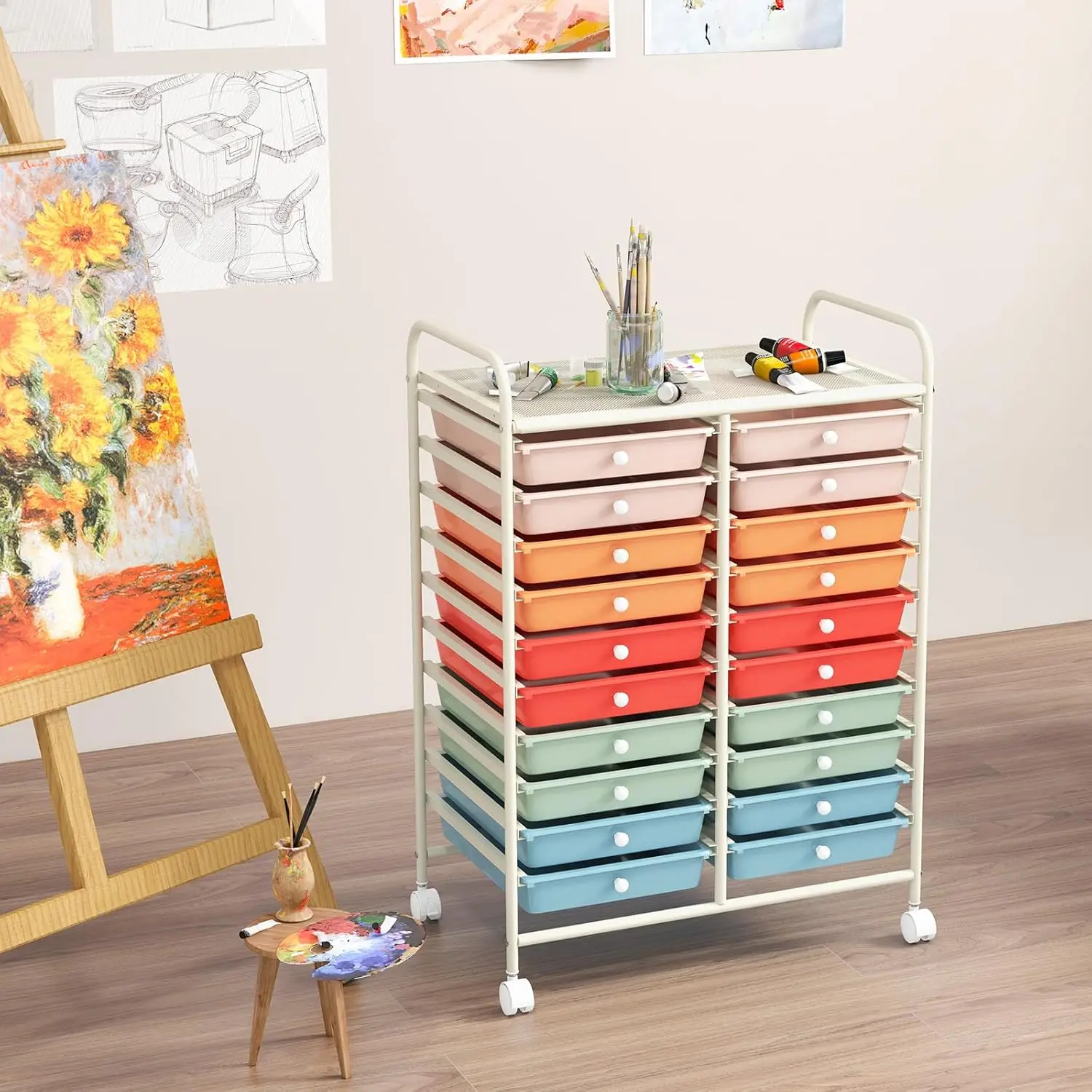 20-Drawer Rolling Storage Cart, Multifunctional Art Craft Organizer Cart, Mobile Utility Storage Cart with Removable Drawers