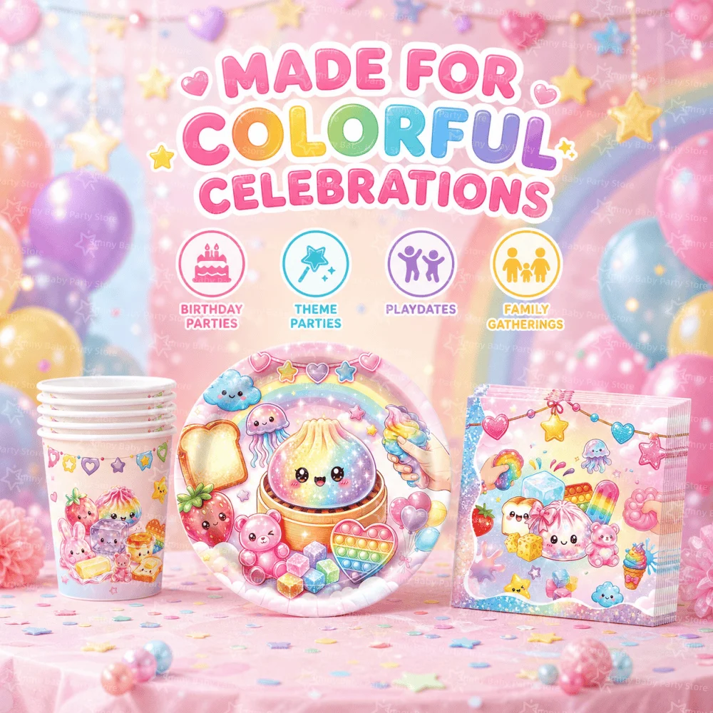 60 Stück Squishy Geburtstagsdekorations-Geschirr Rosa Spielzeug Einweg-Pappbecher Teller Servietten Party-Geschenke Babyparty-Spielzeug – Detail 7