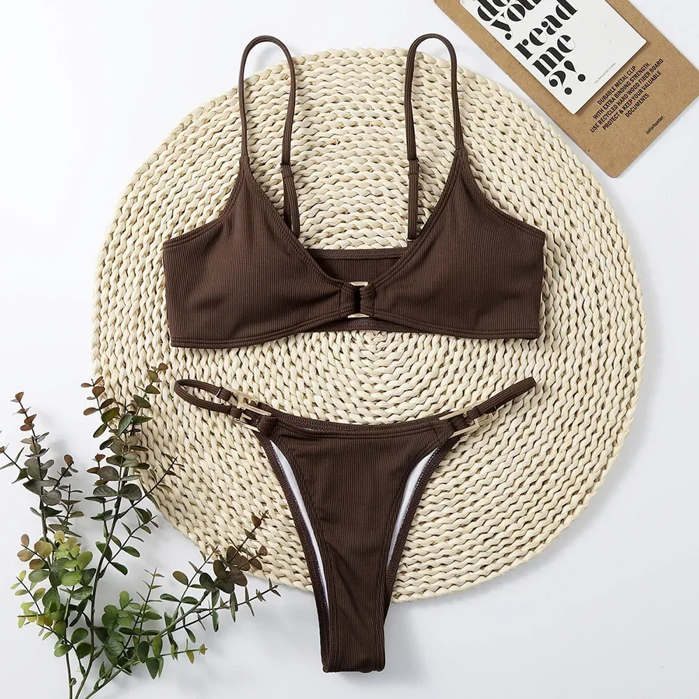 Sexy Brown Ribbed Swimwear Women Micro Thong Bikinis Set Women Metal Ring Swimsuits String Bathing Suit Bikini Bathers Biquinis