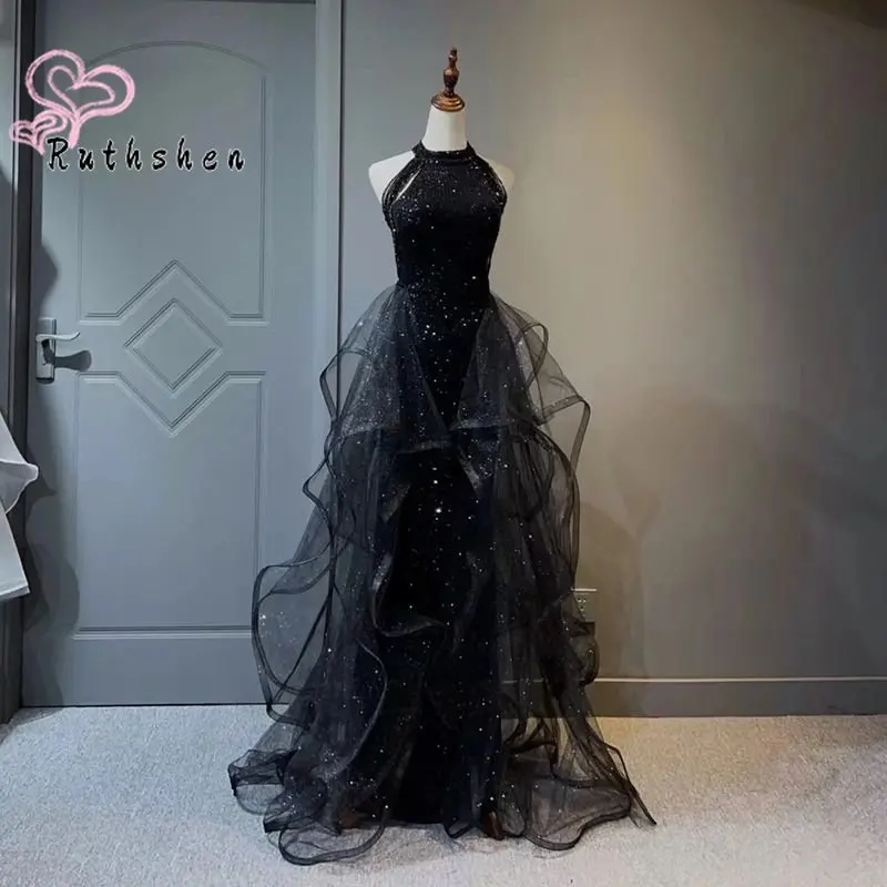 

Black Floor Long Evening Dress for Women 2023 Sequin Layers Ruffles Formal Party Prom Gown Vestidos De Fiesta