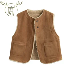 Sleeveless casual vests with patchwork of lambswool, featuring women's vintage pockets and double-sided wearing in Korean style.