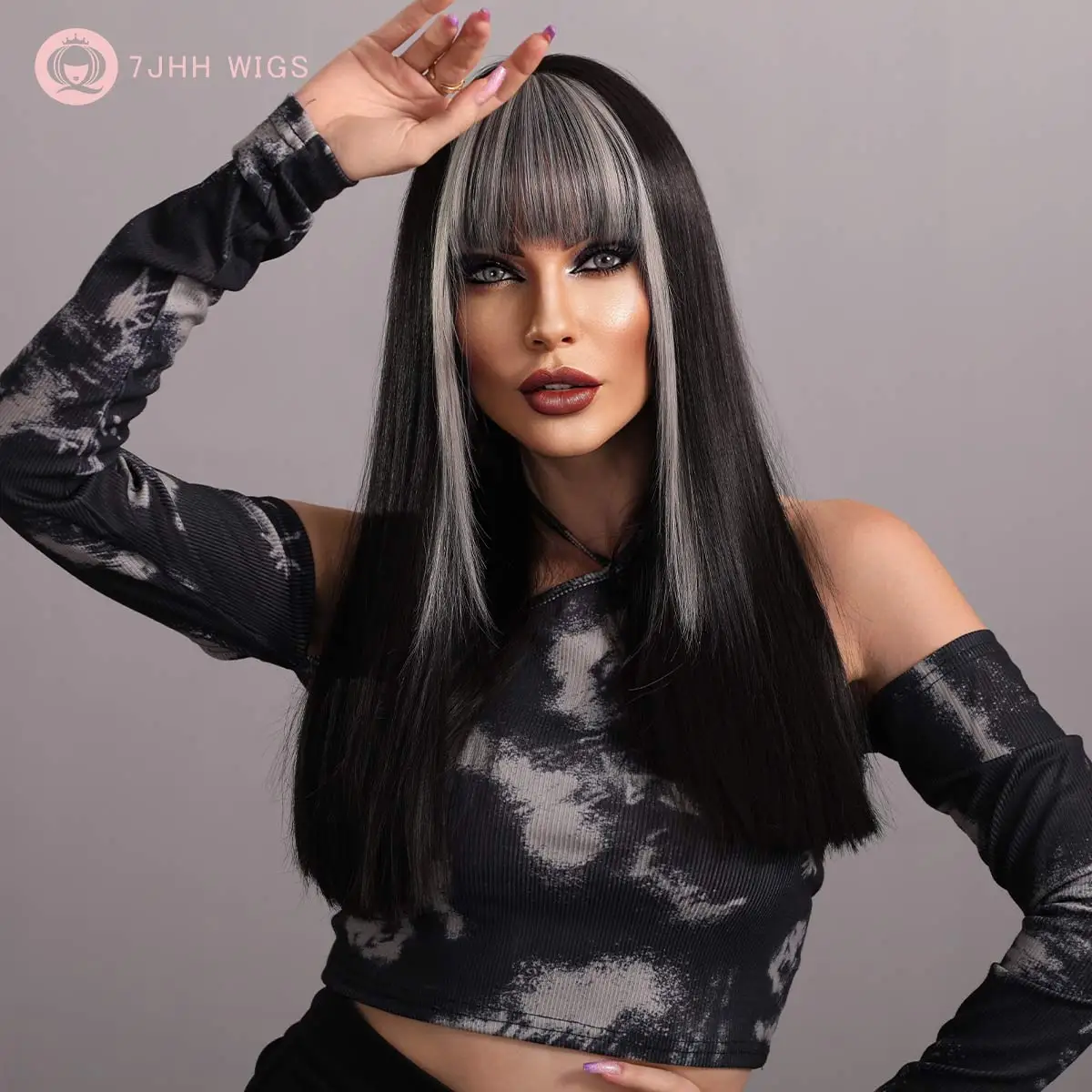 7JHH WIGS Long Straight Black Wig for Women Synthetic Highlights Ash Wigs with Bangs Heat Resistant Burgundy Wig