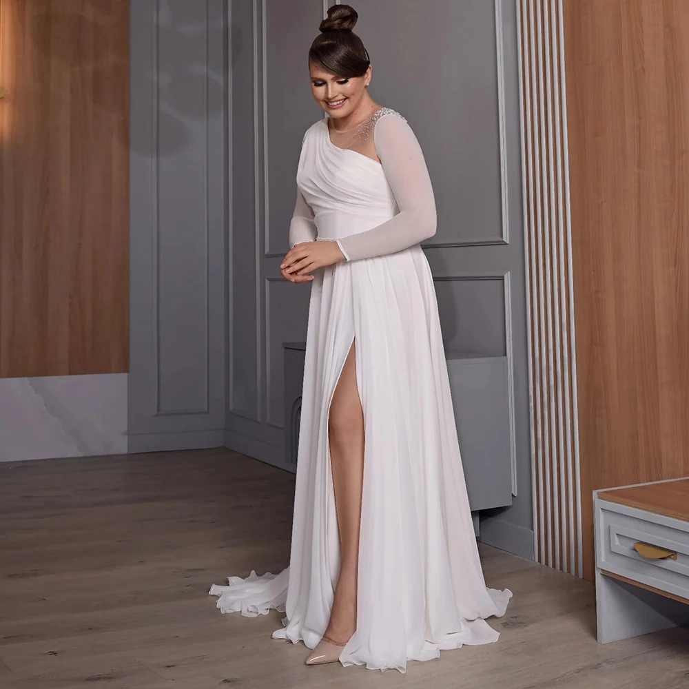 

Classic Chiffon Side Slit Wedding Dresses Woman Pleats O-neck Pleats Floor Length Bridal Dress with Crystal Robe de mariée 2024