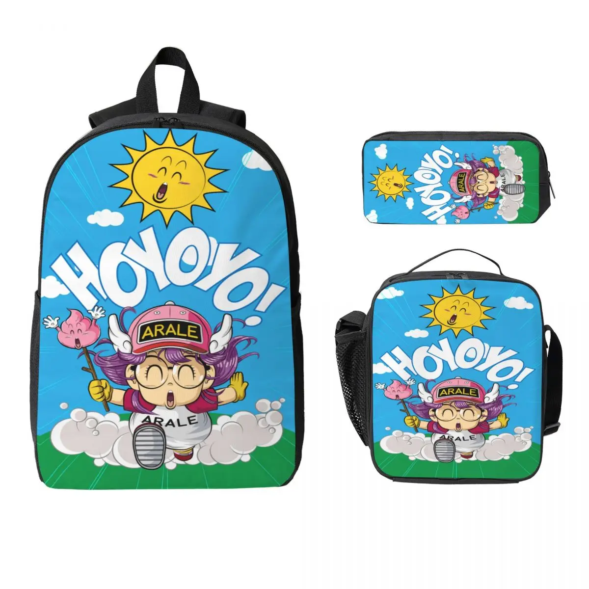 

3Pcs Dr.Slump Arale Backpack Set for Kids Dr Slump Cute Cartoon Pen Bags Bookbag Sets with Lunch Box For School Students Daypack