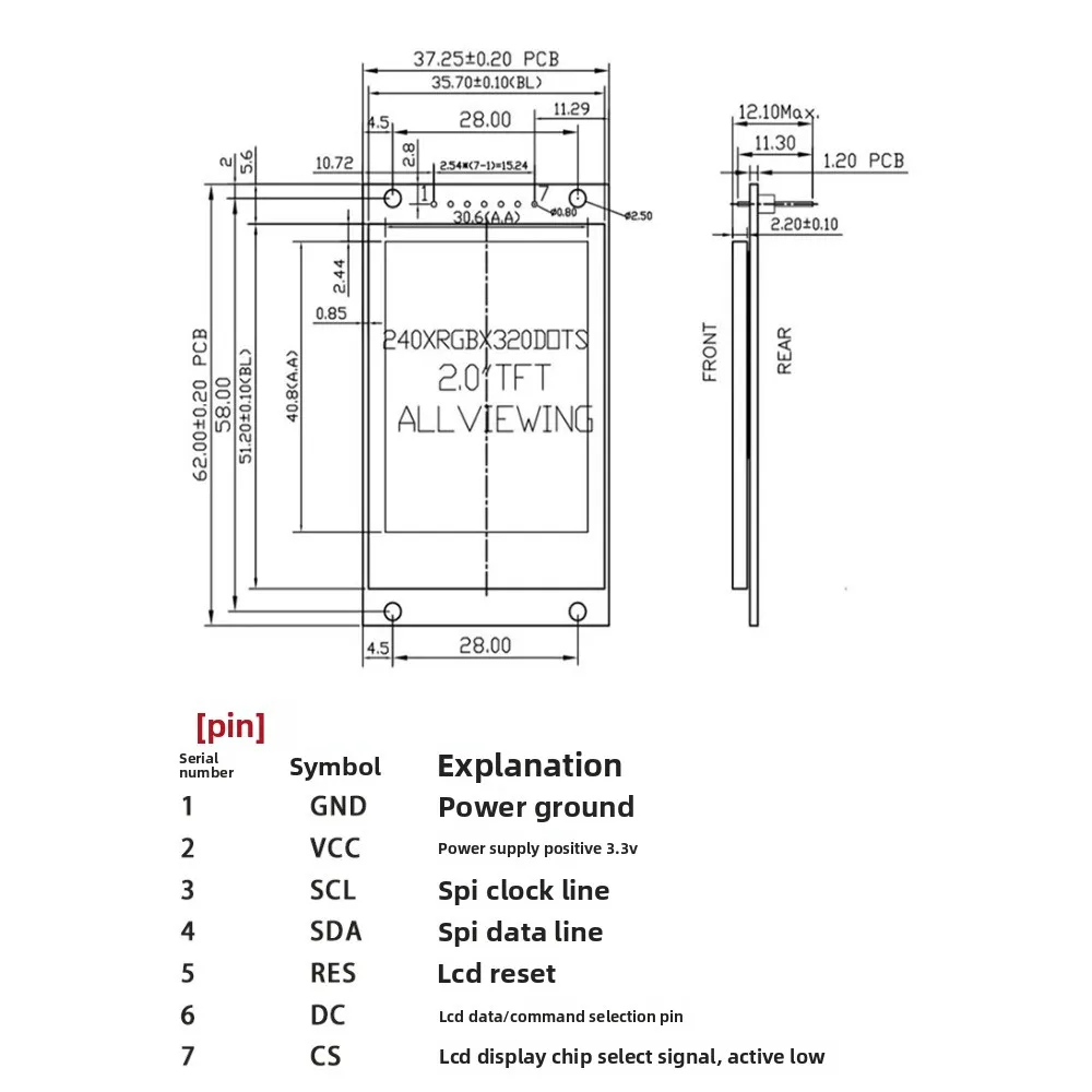 Módulo de tela serial TFT de 2,0 polegadas - display LCD 240x320 com driver ST7789V. Módulo TFT 2.0 para Arduino, Raspberry Pi e DIY