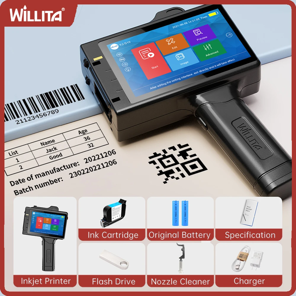 

Новый легкий портативный ручной струйный принтер 25,4 мм, интеллектуальный емкостный 4,3-дюймовый сенсорный экран, использование для QR-кода, штрих-кода, даты S10