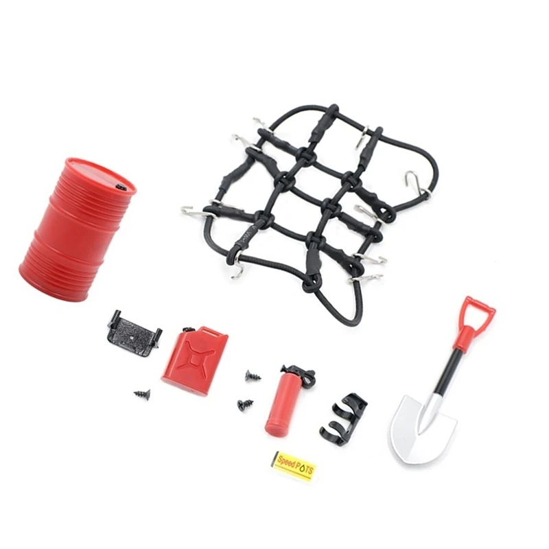 Mini Shovel Fuel Tank Oil Drum Fire Extinguisher Luggage Net Decoration For Axial SCX24 JEEP Bronco C10 1/24 RC Car