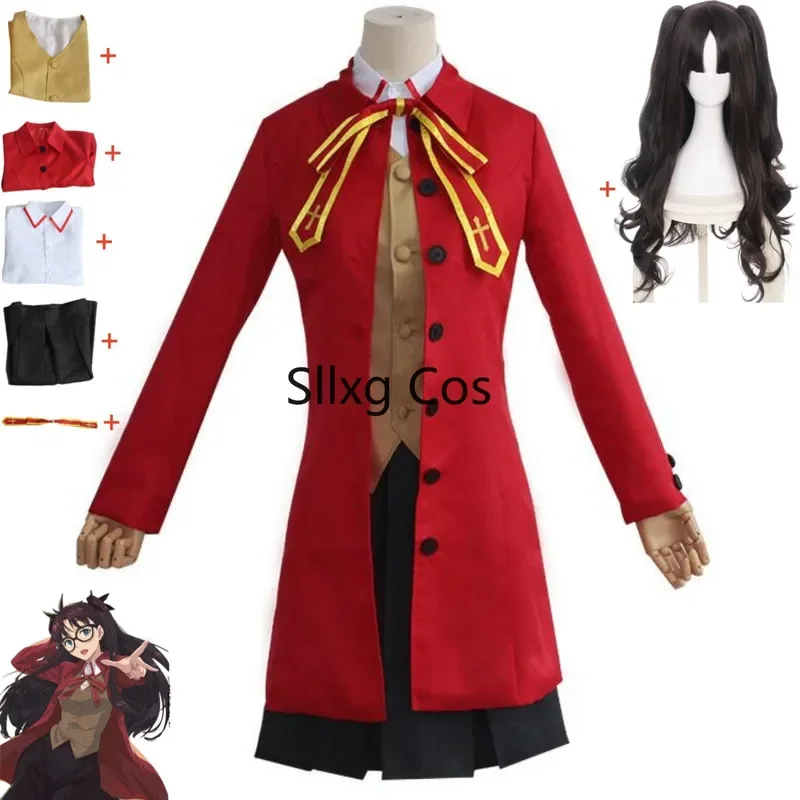 

FC6Anime Game Fate/stay Night Tohsaka Rin Matou Sakura Cosplay Costume Red Coat School Uniforms Vest Wig Woman Halloween Su@FC8！
