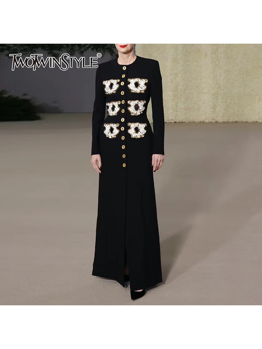 

TWOTWINSTYLE Personality Pattern Patchwork Long Coat Round Neck Long Sleeve Hit Color Elegnat Jacket Female Fashion