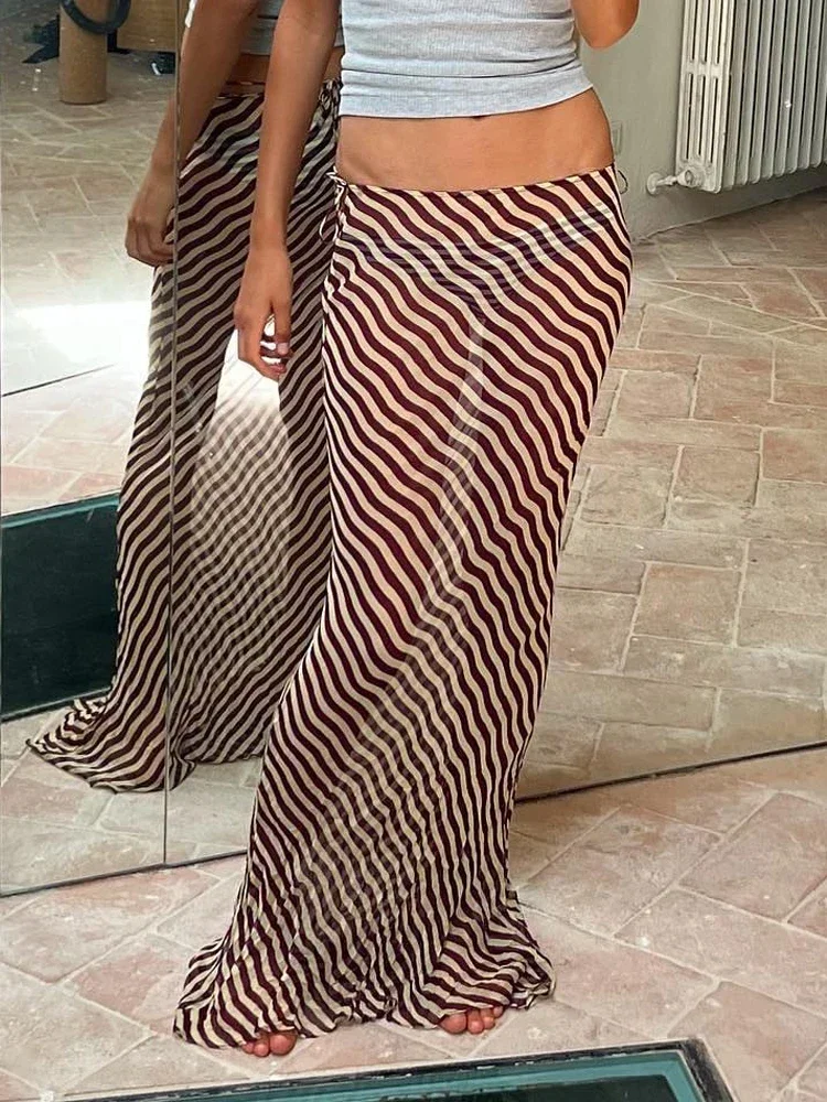 Waves Striped Skirts Women Sexy See Through Chiffon Long Skirts Summer Fashion High Waist Holidays Party Beach Skirts 2024