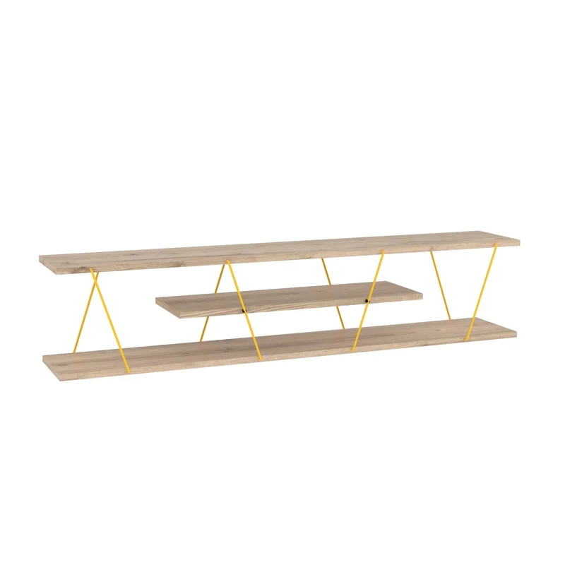 

Mid Century Modern 56" TV Stand with 4 Open Shelves, Metal Frame, Oak and Yellow Finish, Low Entertainment Unit