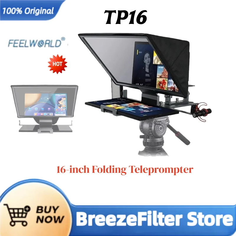 Teleprompter Dobrável FEELWORLD TP16 de 16 Polegadas Suporta Tablets de até 16 Polegadas em Horizontal para Filmagens com iPad e DSLR com Controle Remoto