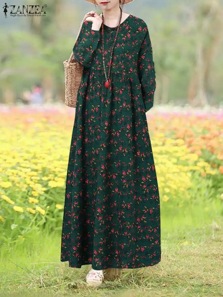 2024 ZANZEA Women Vintage Sundress Autumn Maxi Dress Robe Femme Casual Long Sleeve Floral Printed Holiday Long Vestido Oversize