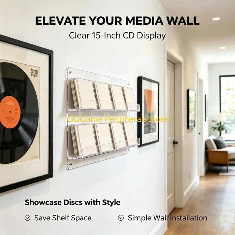 U55B Record Album Display Shelves, Clear Acrylic 4-Piece Set with Independent Wall Arrangement for Visible Covers in Living