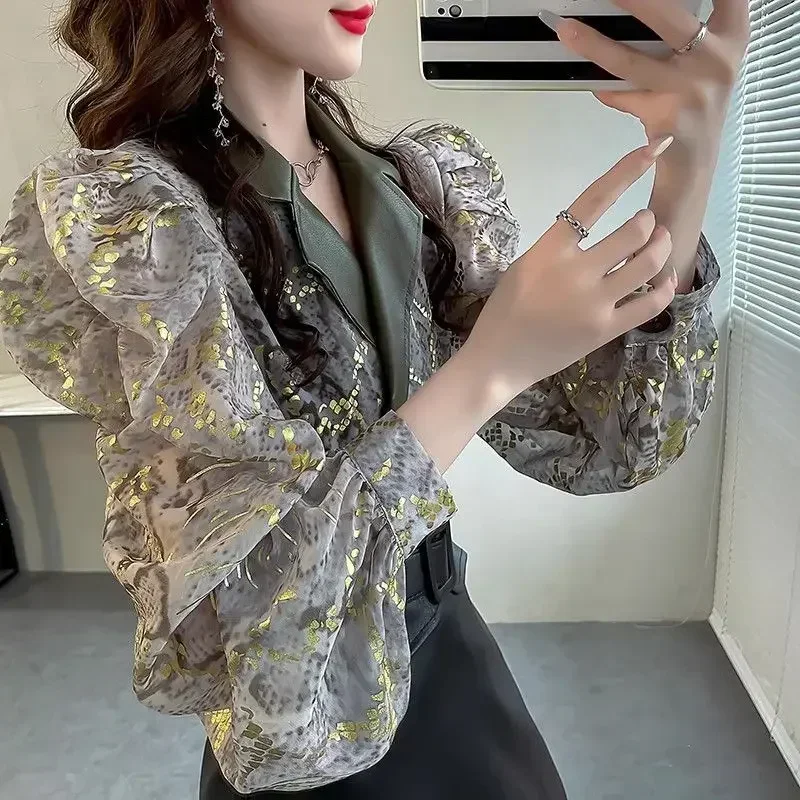 

French Style Tailored Collar Shirt Spliced Spring Autumn Fashion Folds Sequined Women's Clothing Commute Double Breasted Blouse