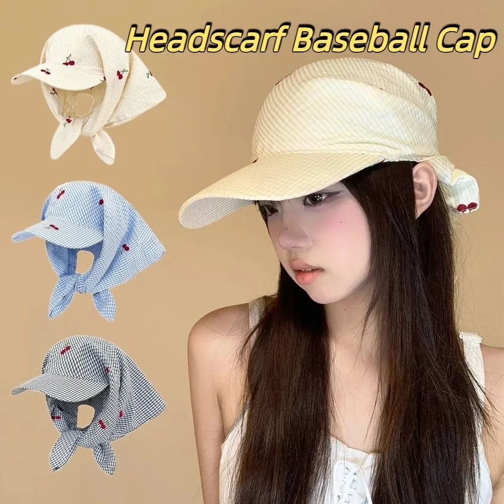

Versatile Plaid Headscarf Baseball Cap Sweet Cherry Embroidered Sunscreen Beach Hats Korean Style Sunscreen Peaked Cap Outdoor