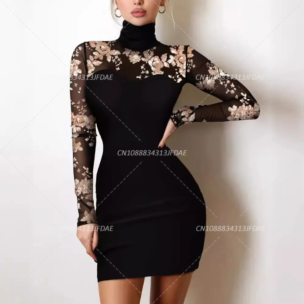 فستان نسائي جديد من الدانتيل بأكمام طويلة، فستان أسود أنيق بكتف واحد ومسحوق فضي مرشوش #4