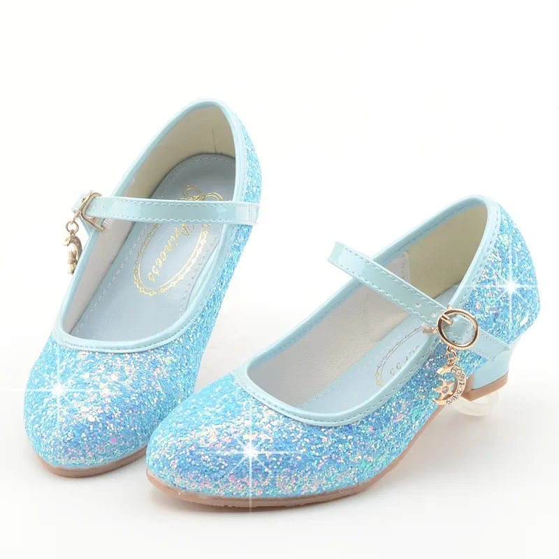 Autumn High Heels for Girls Princess Bling Glitter Leather Shoes Children Fashion Sequins Kids Party Wedding Non-slip Mary Janes